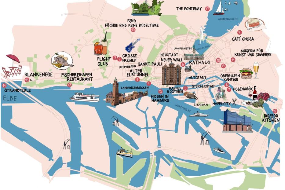 Eine Stadtkarte mit Sightseeingtipps in Hamburg