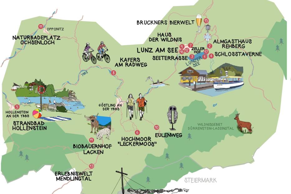Eine illustrierte Karte zeigt Ausflugsziele wie Lunz am See, Göstling an der Ybbs, das Hochkar und das Wildnisgebiet Dürrenstein-Lassingtal.