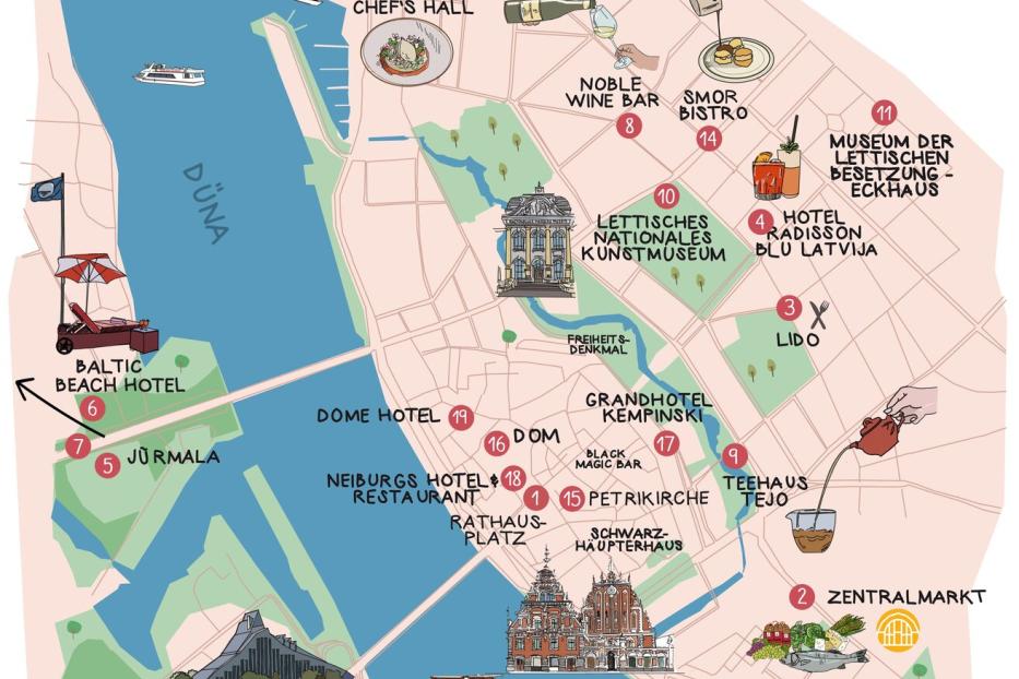 Illustrierte Stadtkarte von Riga mit markierten Sehenswürdigkeiten, Fluss Dūna und vielen Restaurants, Hotels und Museen.