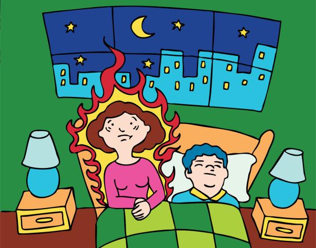 Eine Frau liegt wach im Bett, umgeben von Flammen, während ein Mann neben ihr schläft.