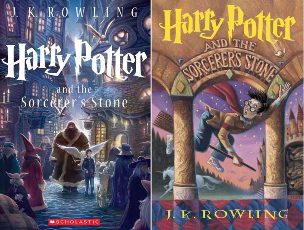 Die Cover der Bücher „Harry Potter und der Stein der Weisen“ von J.K. Rowling.