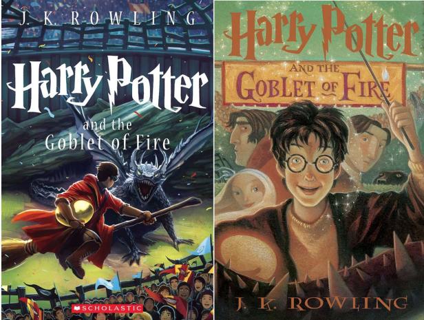 Die Buchcover von „Harry Potter und der Feuerkelch“ zeigen Harry mit einem Drachen und mit dem Feuerkelch.