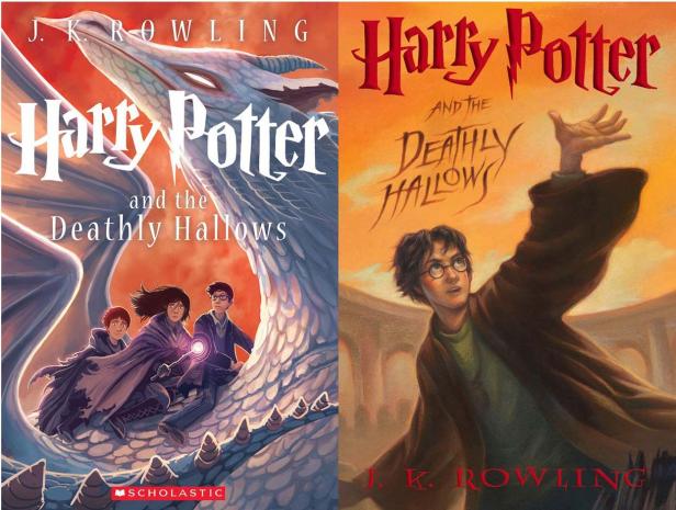 Die Buchcover von „Harry Potter und die Heiligtümer des Todes“ zeigen Harry und einen Drachen.