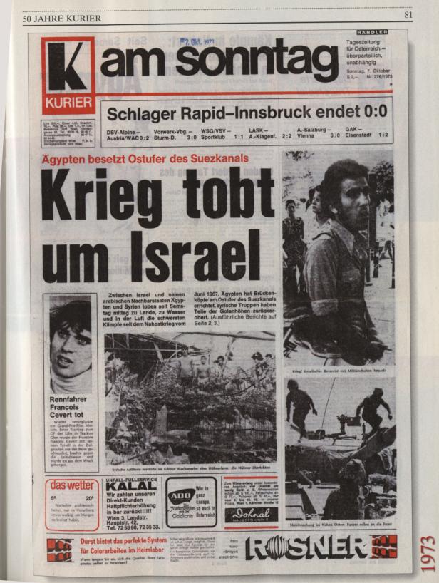 Titelseite des „Kurier“ vom 7. Oktober 1973 mit der Schlagzeile „Krieg tobt um Israel“.