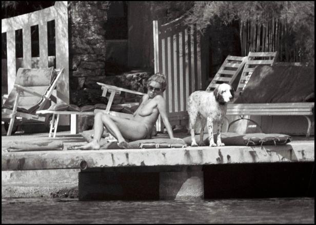 Eine Frau sitzt mit Sonnenbrille und einem Hund am Wasser.