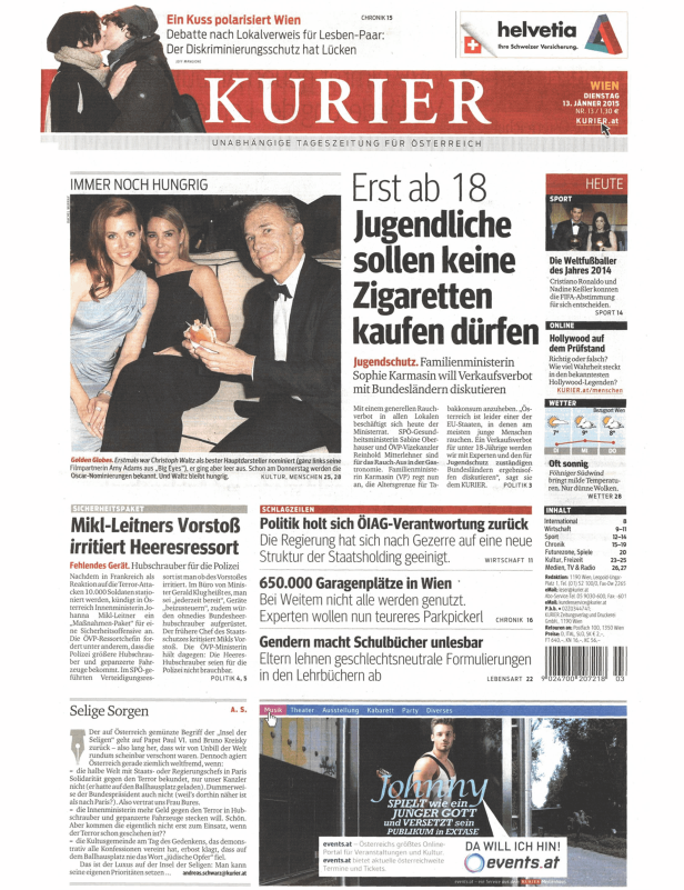 Titelseite der Zeitung „Kurier“ vom 13. Jänner 2015.