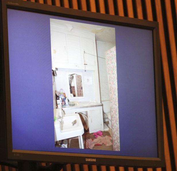 Ein Badezimmer mit Waschbecken, Spiegel und floral gemusterter Duschwand wird auf einem Monitor angezeigt.