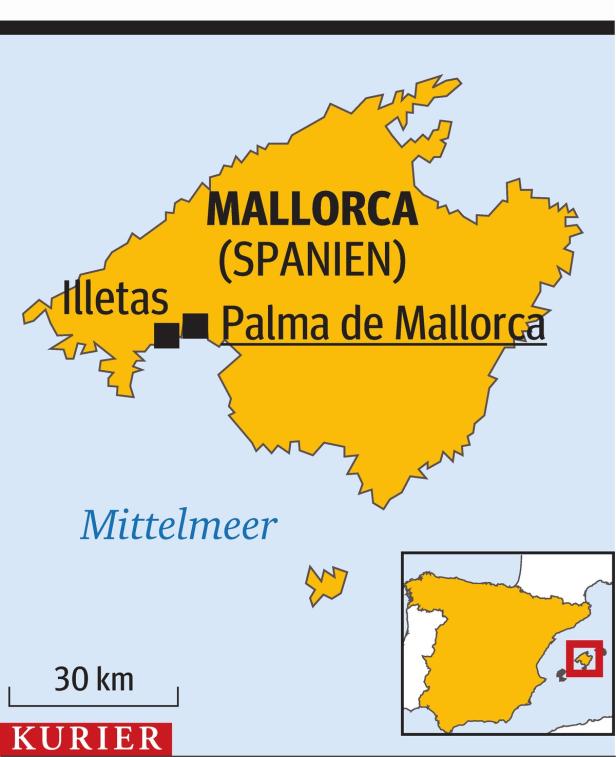 Eine Karte von Mallorca, Spanien, im Mittelmeer.