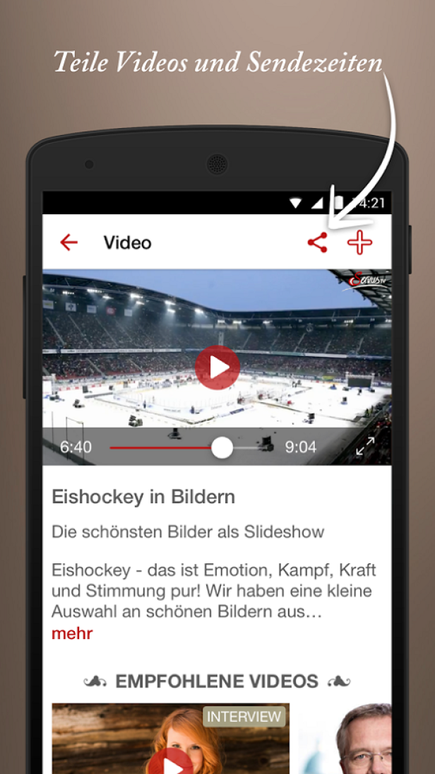Ein Smartphone-Bildschirm zeigt eine Eishockey-Video-App.