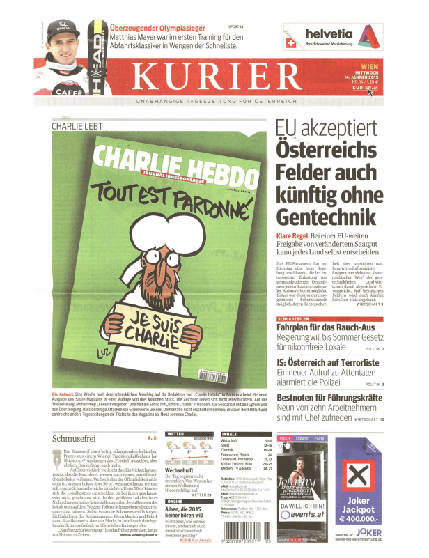 Titelseite des Kurier vom 14. Jänner 2015 mit einer Karikatur von „Charlie Hebdo“.