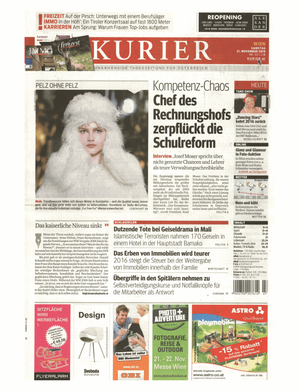 Titelseite der Zeitung „Kurier“ vom 21. November 2015.