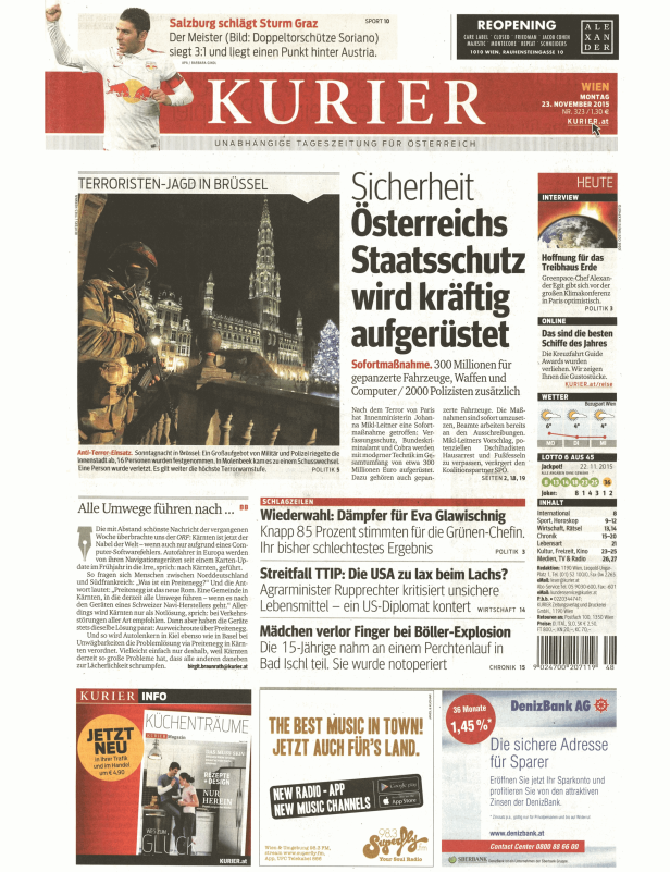 Titelseite des Kurier vom 23. November 2015 mit Schlagzeilen zu Terrorismus und Staatsschutz.