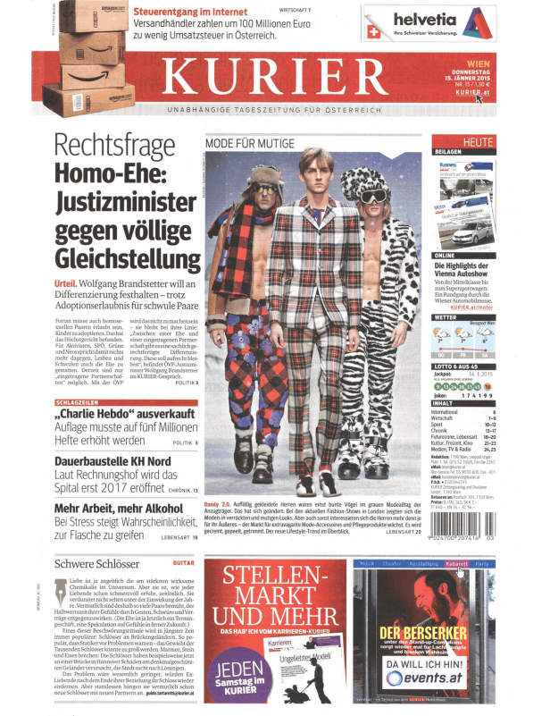 Titelseite des Kurier vom 15. Jänner 2015 mit Artikeln zu Homoehe und Mode.