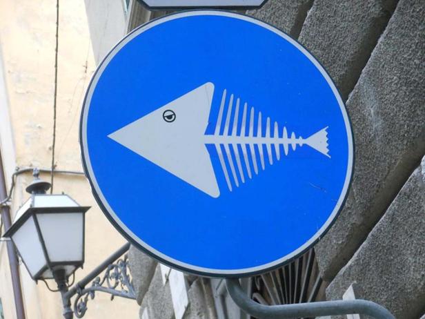 Ein blaues Schild zeigt einen weißen Fisch mit Gräten, der nach links weist.