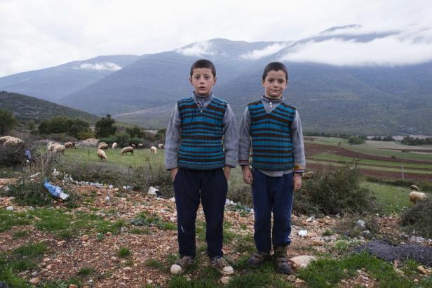 Zwei Jungen stehen vor einer Landschaft mit Schafen und Bergen.