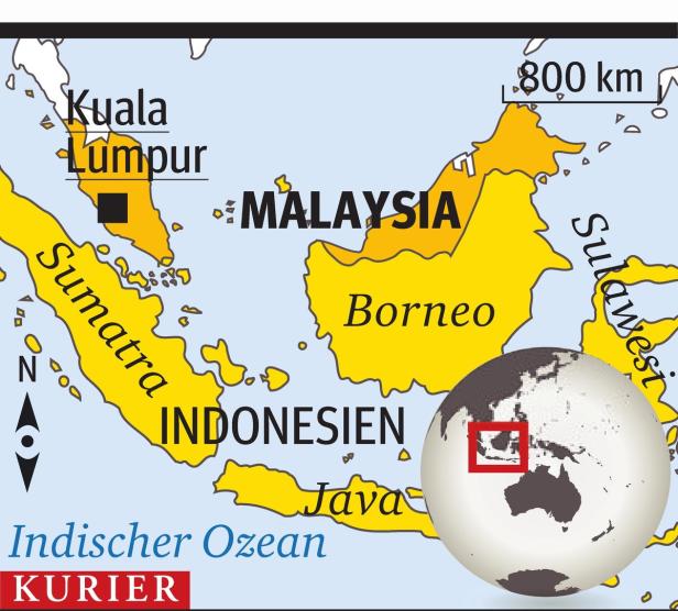 Eine Karte von Malaysia, Indonesien und Teilen der umliegenden Inseln und Ozeane.