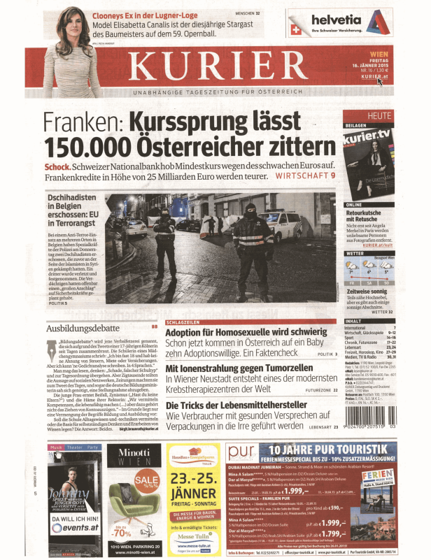 Titelseite der Zeitung Kurier vom 16. Jänner 2015.