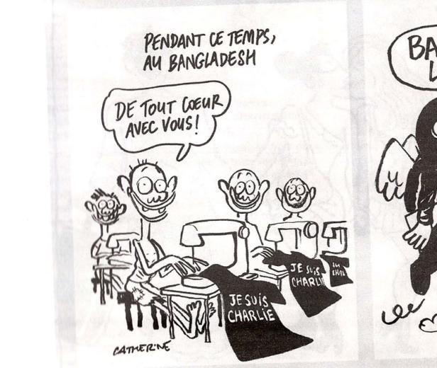 Eine Karikatur zeigt Arbeiter in Bangladesch, die „Je suis Charlie“-Shirts nähen.