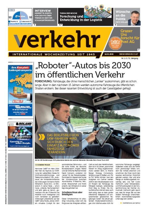 Die Titelseite der Zeitschrift „Verkehr“ mit einem Artikel über Roboterautos im öffentlichen Verkehr.