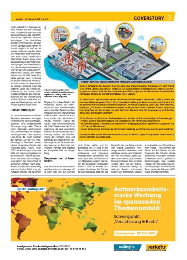 Eine Seite aus einer Zeitschrift zum Thema selbstfahrende Fahrzeuge in der Logistik.