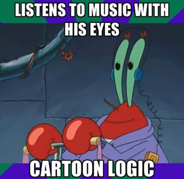 Krabben-Cartoonfigur mit Kopfhörern und Fäustlingen, mit dem Text „Hört Musik mit seinen Augen. Cartoon-Logik.“.