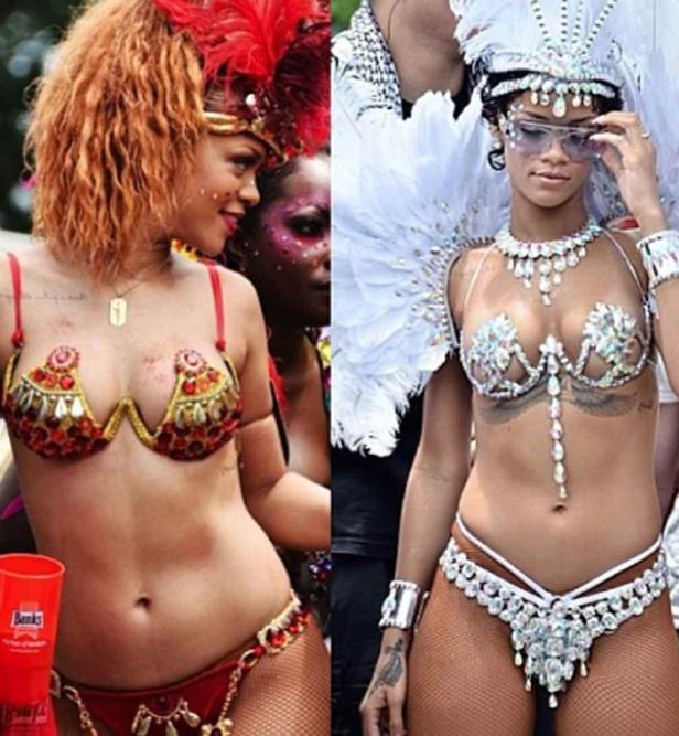 Rihanna feiert Karneval in farbenfrohen und aufwendigen Kostümen.