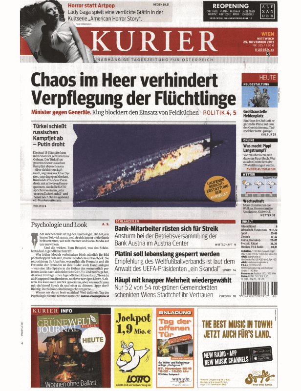 Titelseite des Kurier vom 25. November 2015.