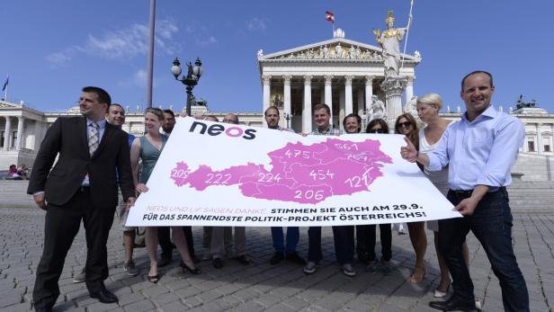 Eine Gruppe von NEOS-Unterstützern hält ein Wahlplakat vor dem österreichischen Parlament.