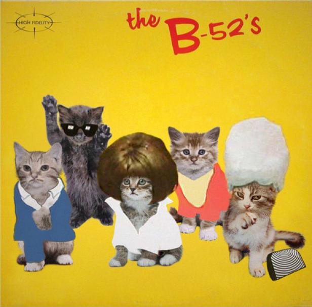 Das Cover einer fiktiven Schallplatte der Band „The B-52's“, dargestellt durch verkleidete Katzen.
