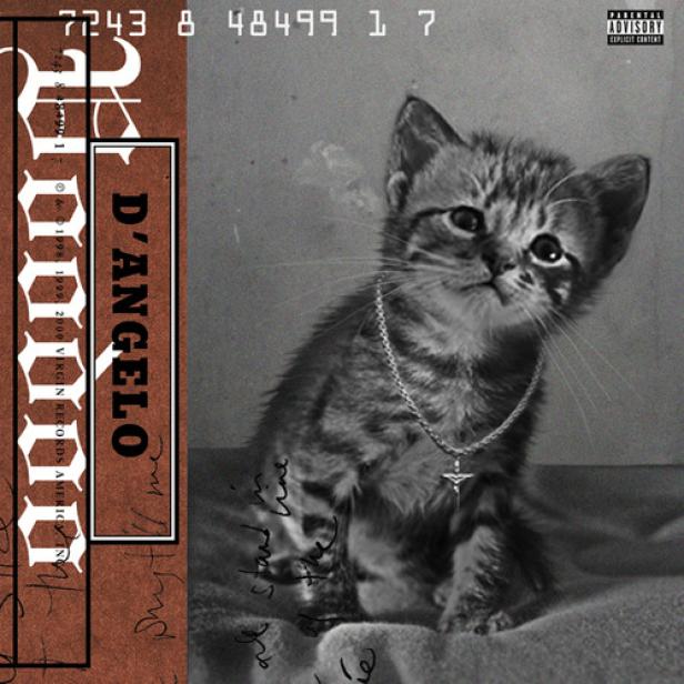 Ein Kätzchen mit einer Halskette vor dem Hintergrund des Albums „Voodoo“ von D'Angelo.