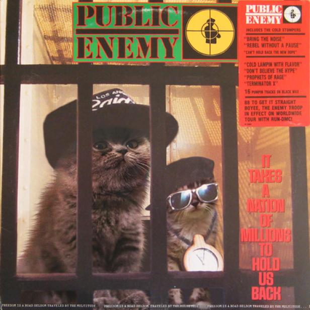 Das Cover des Albums „It Takes a Nation of Millions to Hold Us Back“ von Public Enemy mit zwei Katzen.