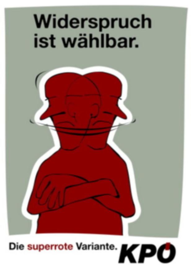 Ein Wahlplakat der KPÖ mit einer roten, sich drehenden Figur und dem Slogan „Widerspruch ist wählbar“.