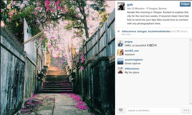 Eine Treppe in Yangon, Burma, geschmückt mit rosa Blüten.