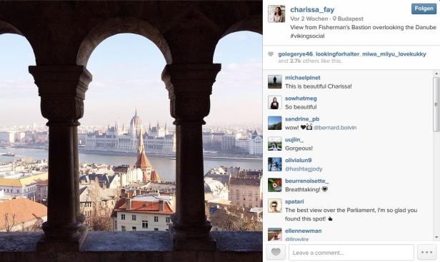 Blick von der Fischerbastei auf das ungarische Parlament in Budapest.