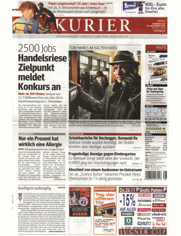 Titelseite des Kurier vom 26. November 2015 mit Artikeln über Pippi Langstrumpf und Tom Hanks.