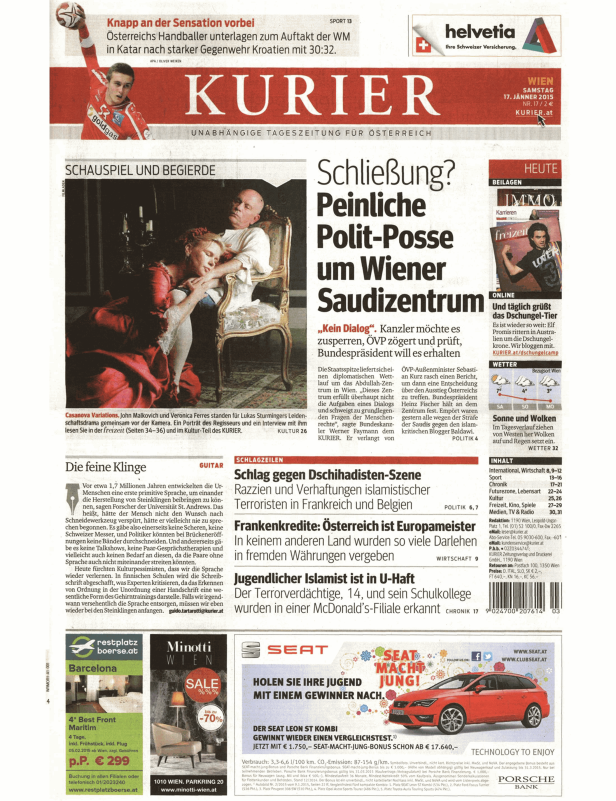 Titelseite des „Kurier“ vom 17. Jänner 2015 mit Artikeln zu verschiedenen Themen.