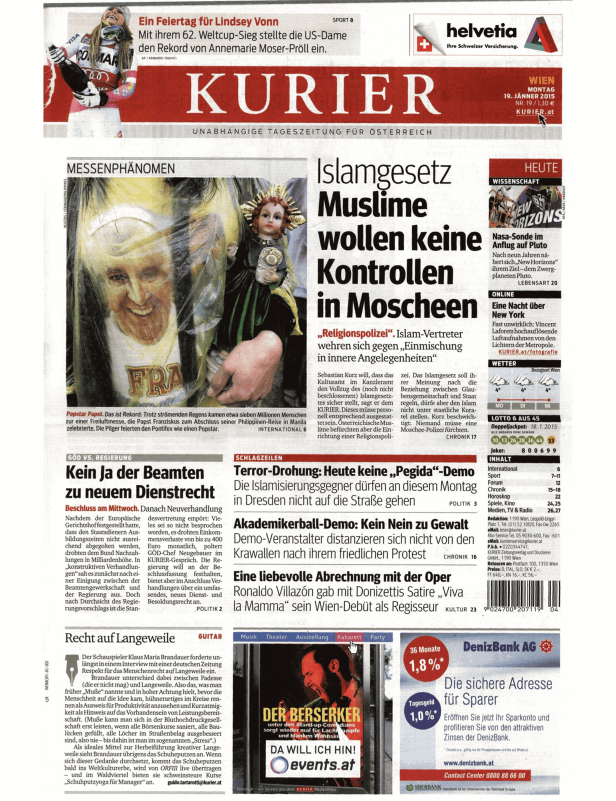 Titelseite der österreichischen Tageszeitung „Kurier“ vom 19. Jänner 2015.