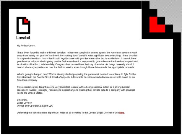 Ein Schreiben von Lavabit-Gründer Ladar Levison über die Schließung des Unternehmens.