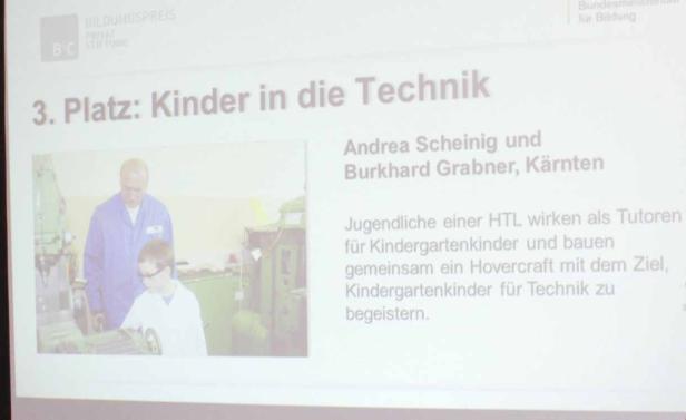 Ein Mann und ein Kind arbeiten an einer Maschine; im Hintergrund steht „3. Platz: Kinder in die Technik“.