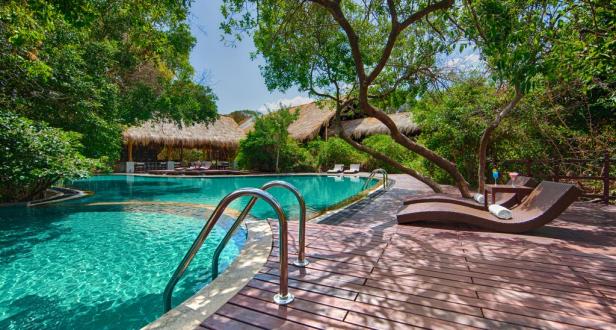 Ein Swimmingpool mit Liegestühlen und Cocktails in einem tropischen Resort.