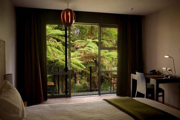 Blick aus einem Hotelzimmer auf einen üppigen Garten mit Farnen.