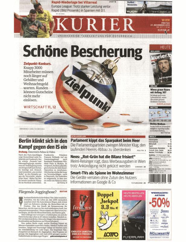 Titelseite des Kurier vom 27. November 2015 mit einer zerbrochenen Weihnachtskugel und dem Wort „Zielpunkt“.