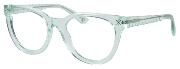 Eine hellblaue Brille mit abgerundeten Gläsern liegt vor einem weißen Hintergrund.