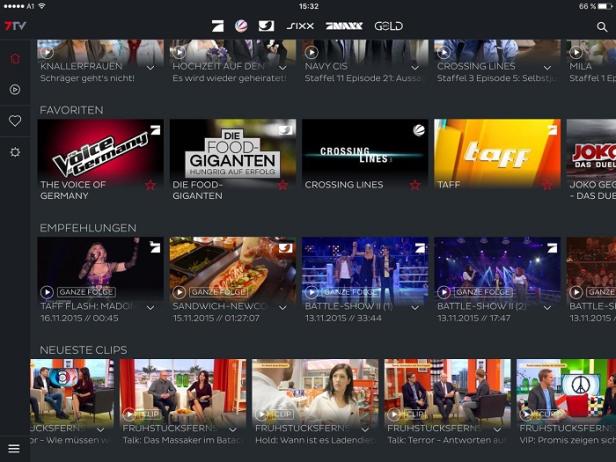 Ein Screenshot der 7TV-App mit verschiedenen Fernsehsendungen und Clips.