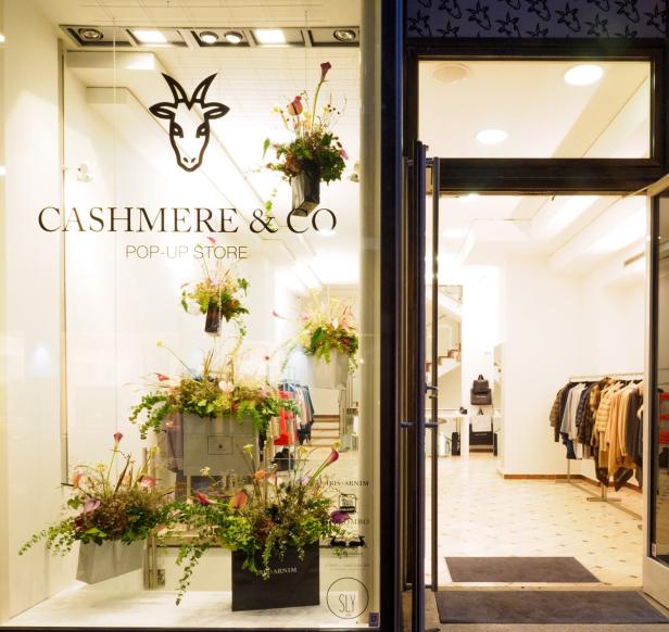 Einladender Blick in einen Cashmere & Co Pop-Up Store mit floralem Schaufenster.
