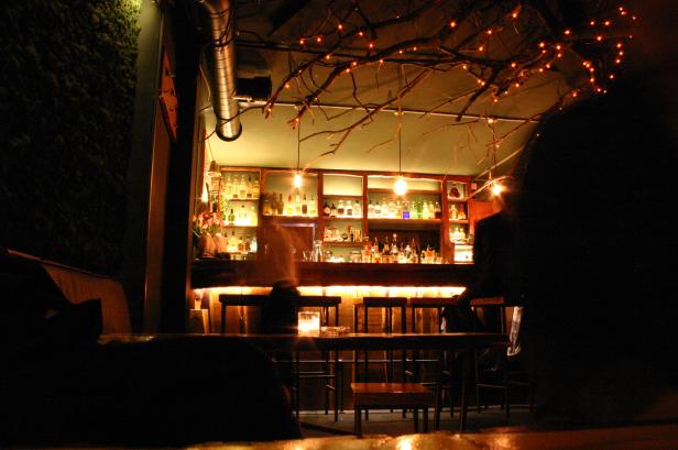 Eine Bar mit beleuchteten Regalen und dekorativen Ästen mit Lichtern an der Decke.