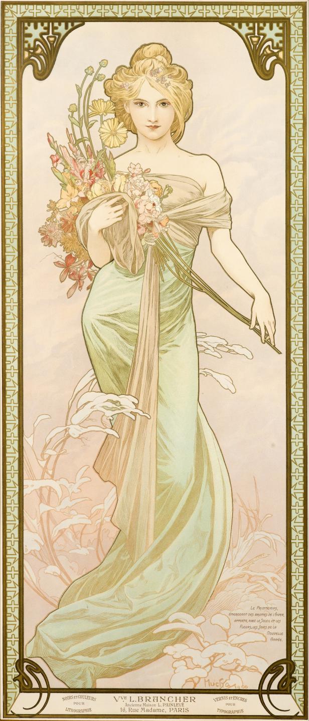 Eine Frau im Jugendstil hält einen Blumenstrauß in ihren Händen.