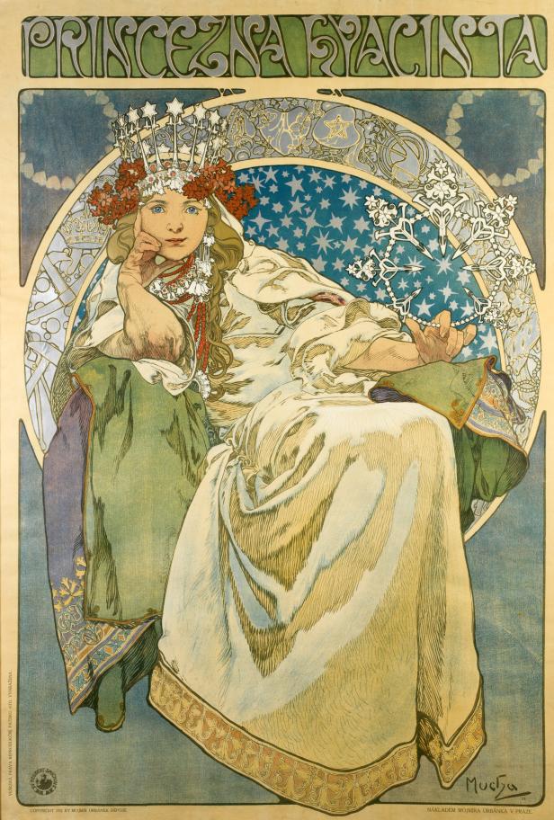 Ein Jugendstil-Poster von Alfons Mucha zeigt eine sitzende Frau mit Krone und Blumenkranz.