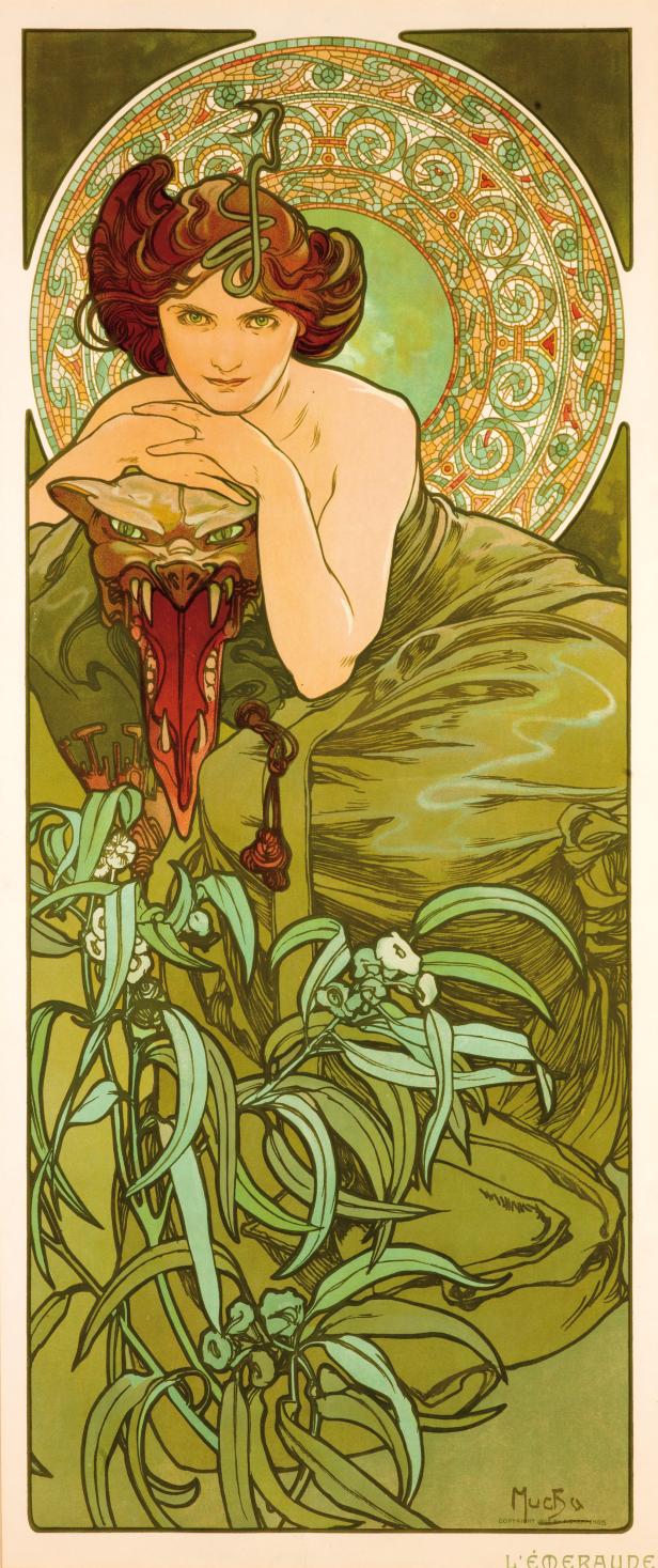 Eine Frau im Jugendstil lehnt an einer stilisierten Schlange in dem Plakat „L'Émeraude“ von Alfons Mucha.