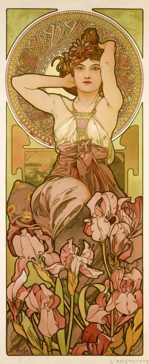 Eine Frau im Jugendstil, umgeben von Irisblüten, auf dem Poster „L'Améthyste“ von Alfons Mucha.